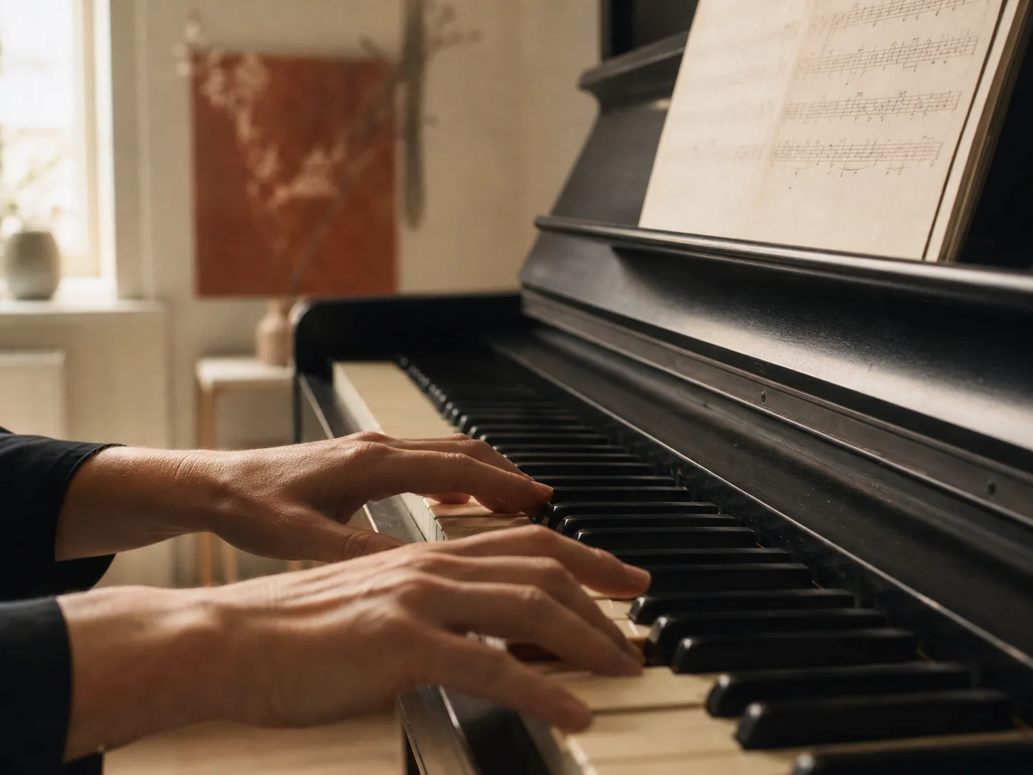 Hands playing an upright piano